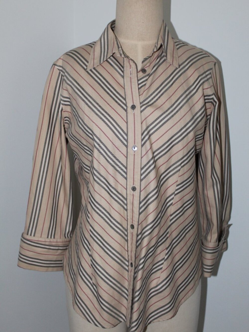 Burberry Striped Collared 3/4 Sleeve Cuffed Blouse Shirt Top M